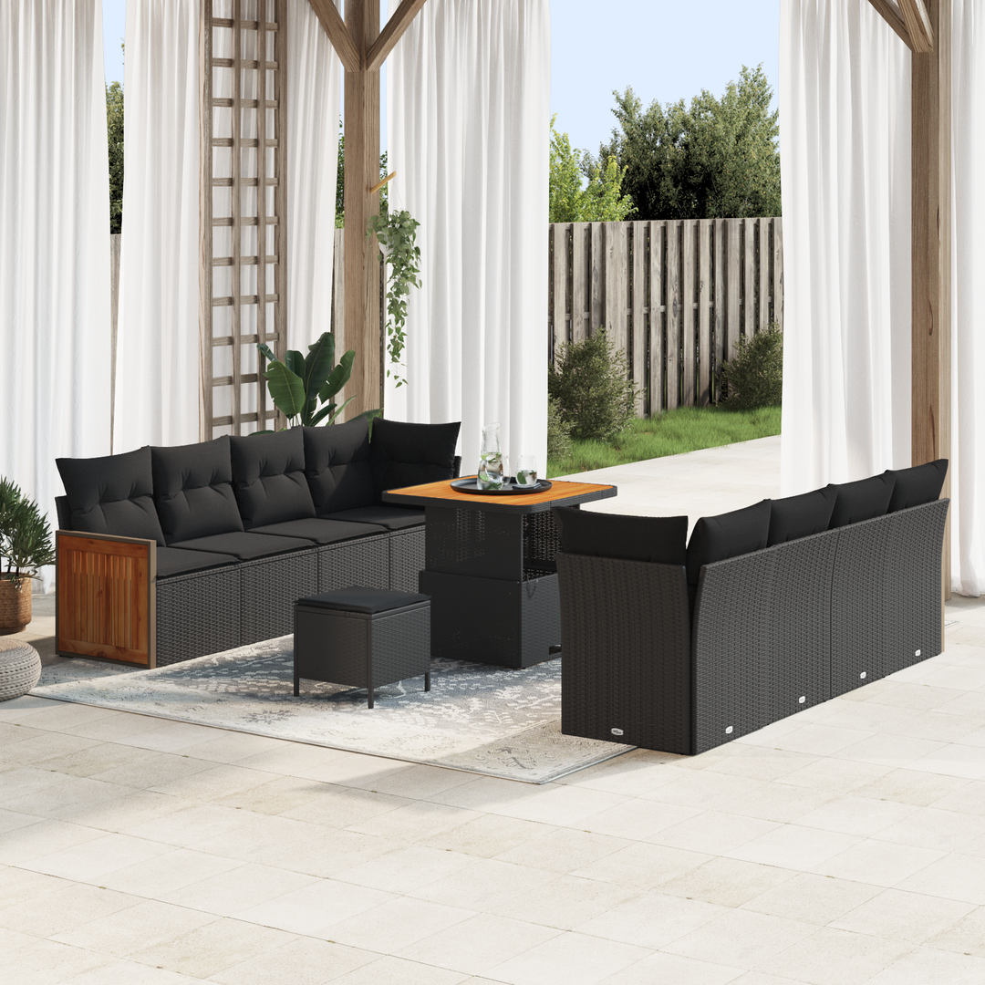 Havesofa Sæt 11 pcs Sort Poly Rattan og pulverlakeret stål