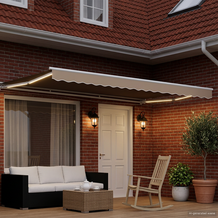 Manuel markise-ramme med LED-lys Beige og hvid 4 × 3 m