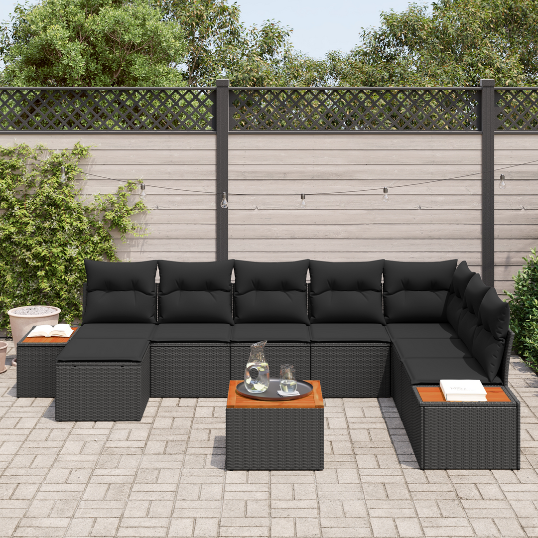 Havesofa Sæt med pude med opbevaring 9 pcs Sort Polyrattan