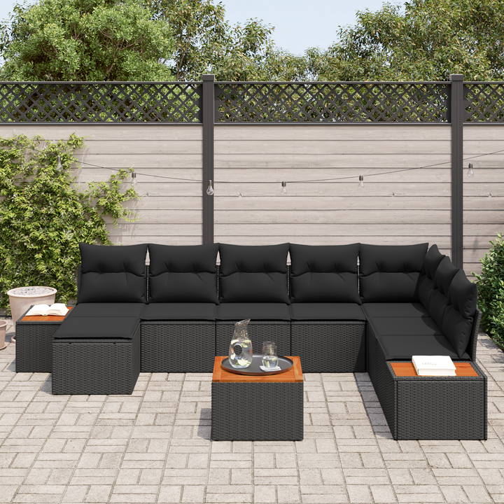 Havesofa Sæt med pude med opbevaring 9 pcs Sort Polyrattan