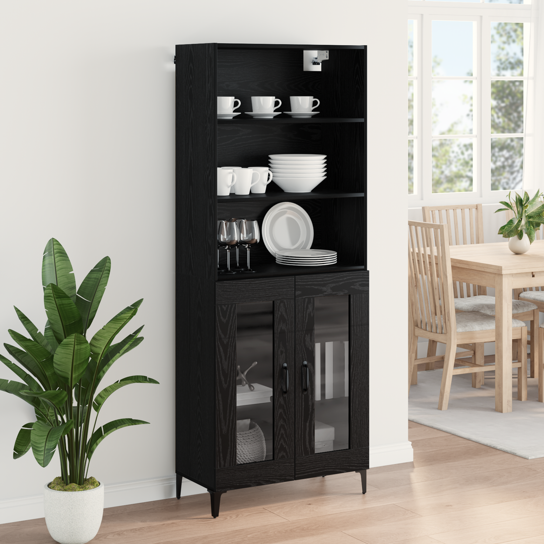 Highboard med skuffe Sort eg 69,5 x 34 x 180 cm Konstrueret træ