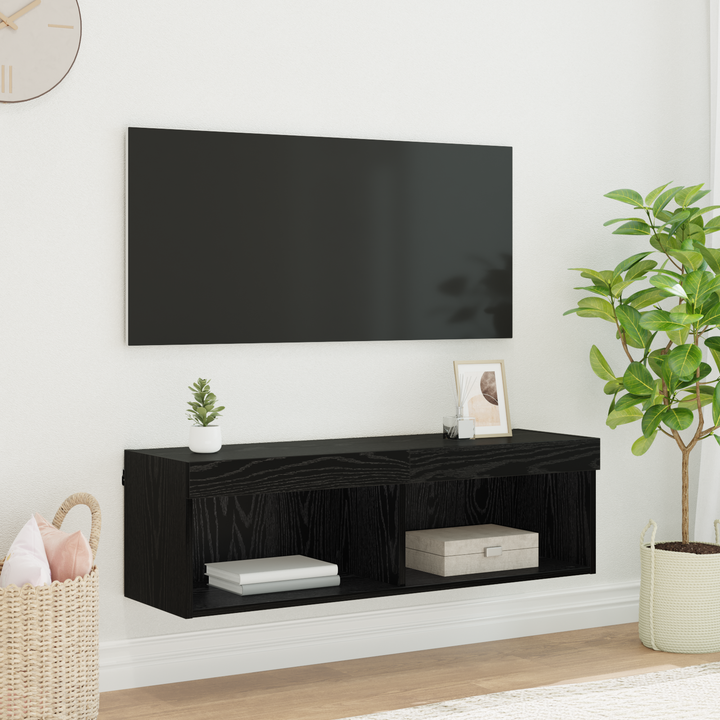 TV vægskab med LED Sort eg 100 x 30 x 30 cm Konstrueret træ