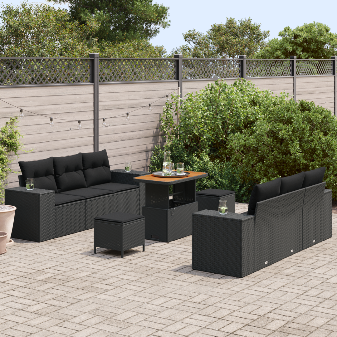 Havesofa Sæt med pude med opbevaring 9 pcs Sort Poly Rattan