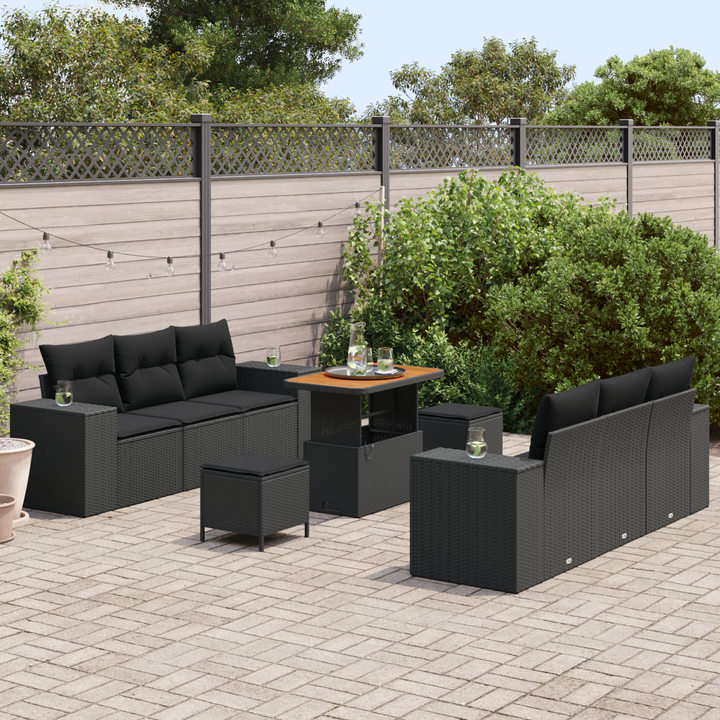 Havesofa Sæt med pude med opbevaring 9 pcs Sort Poly Rattan