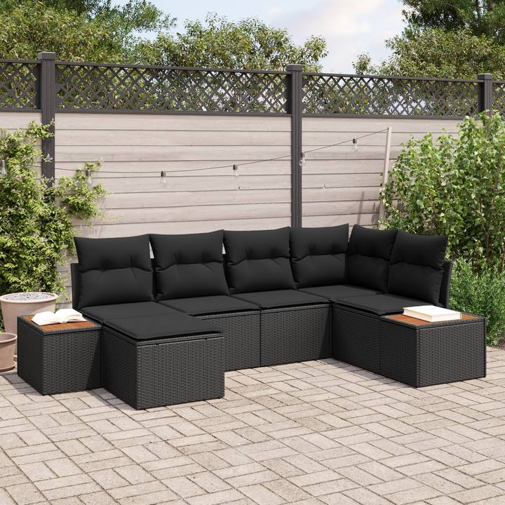 Havesofa Sæt med pude med opbevaring 7 pcs Sort Polyrattan