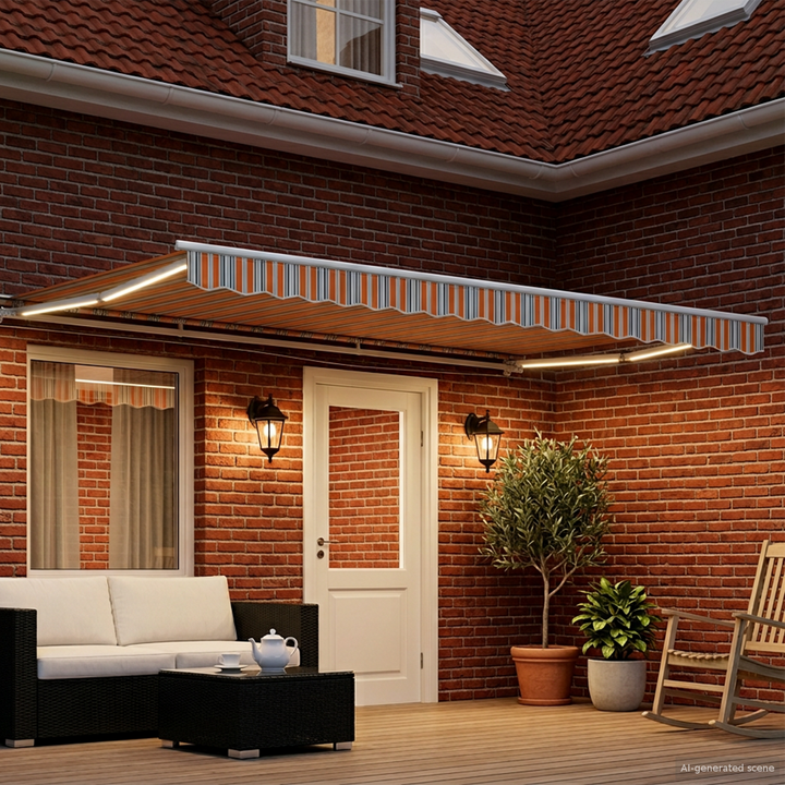 Manuel markise-ramme med LED-lys Blå, Orange, Hvid 4,5 × 3 m