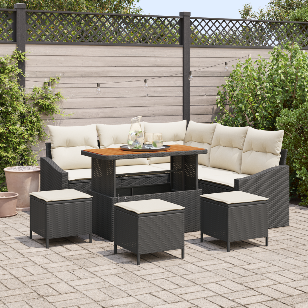 Havesofa Sæt med pude med opbevaring 9 pcs Sort Poly rattan