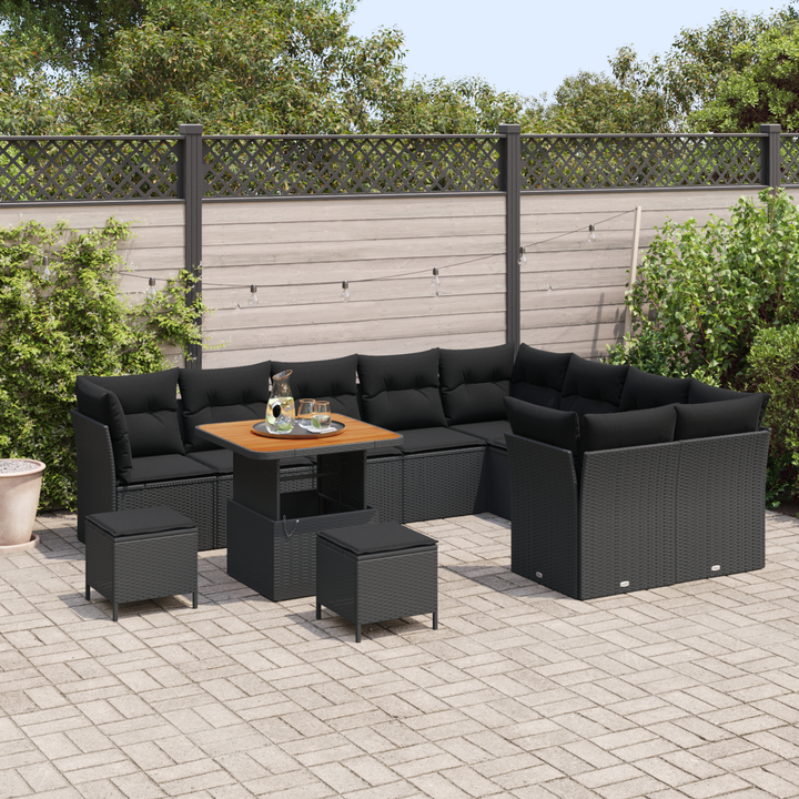 Havesofa Sæt 12 pcs Sort Polyrattan og pulverlakeret stål