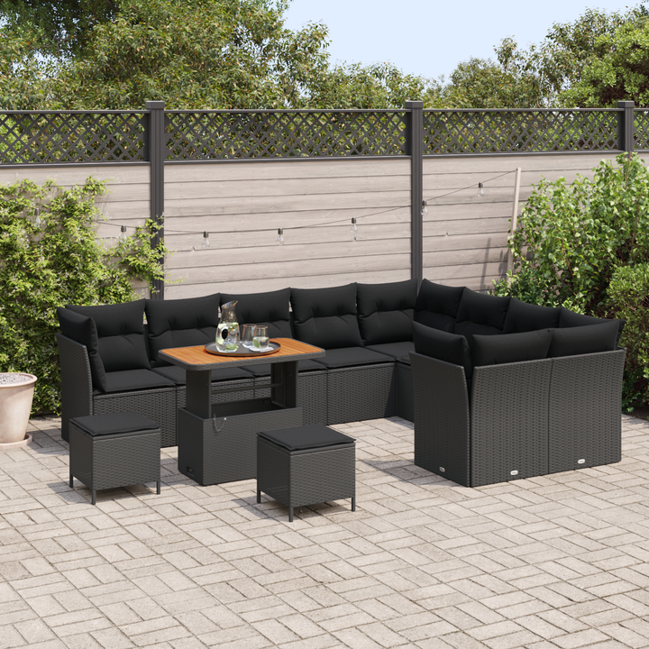 Havesofa Sæt 12 pcs Sort Polyrattan og pulverlakeret stål