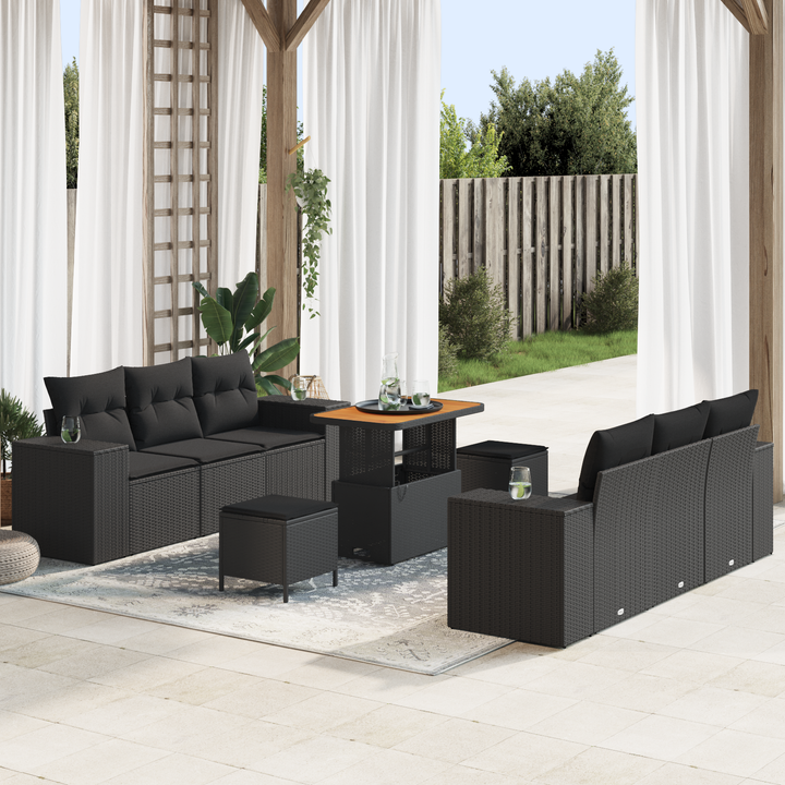 Havesofa Sæt med pude med opbevaring 9 pcs Sort Poly Rattan