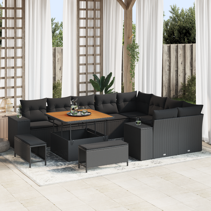 Havesofa Sæt 12 pcs Sort Polyrattan, stål og massivt akacietræ