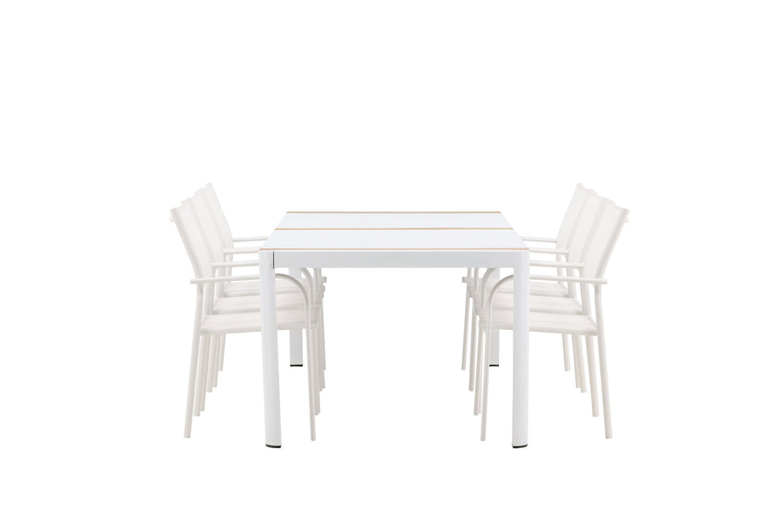 Venture Home Togo - Dining Table- White / Teak - Allu / Teak - 200*100 +Santorini Arm Chair (Stackable)  - White Alu / White Textilene _6