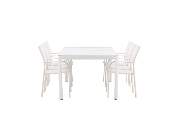 Venture Home Togo - Dining Table- White / Teak - Allu / Teak - 200*100 +Santorini Arm Chair (Stackable)  - White Alu / White Textilene _6