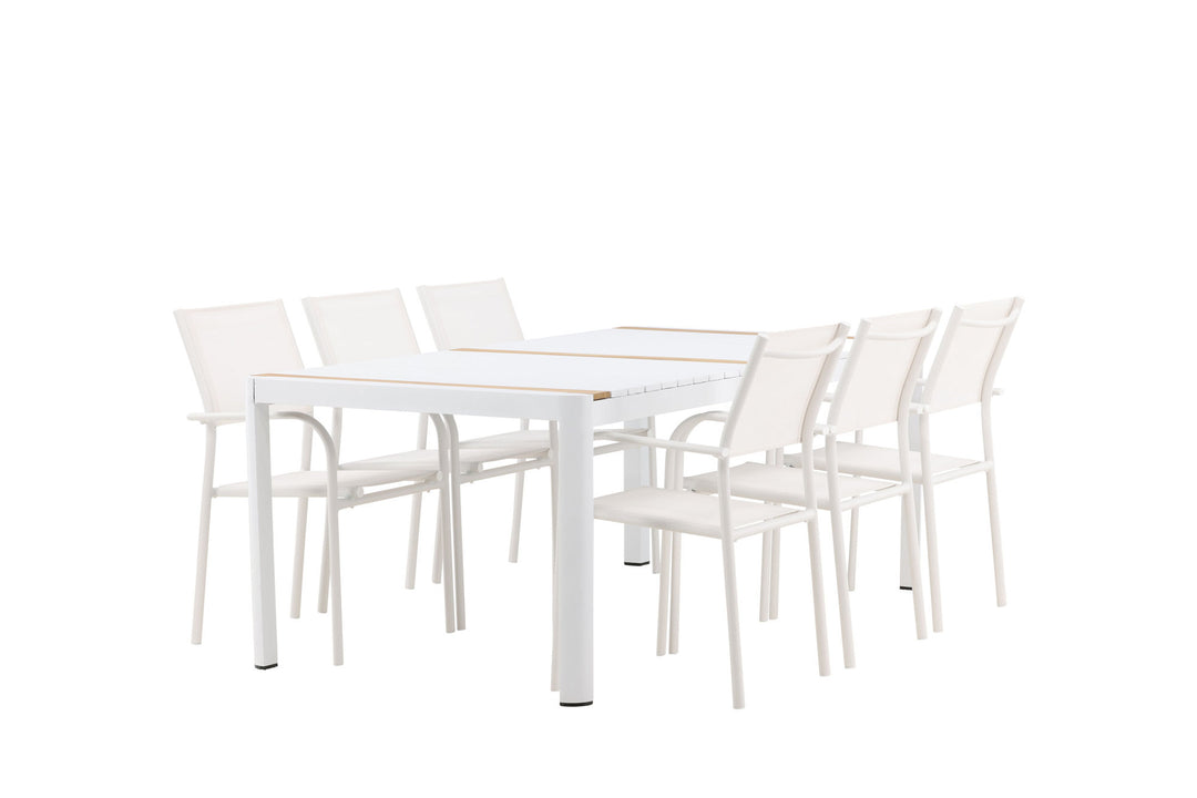 Venture Home Togo - Dining Table- White / Teak - Allu / Teak - 200*100 +Santorini Arm Chair (Stackable)  - White Alu / White Textilene _6