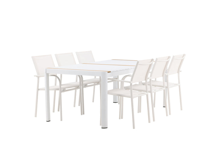 Venture Home Togo - Dining Table- White / Teak - Allu / Teak - 200*100 +Santorini Arm Chair (Stackable)  - White Alu / White Textilene _6