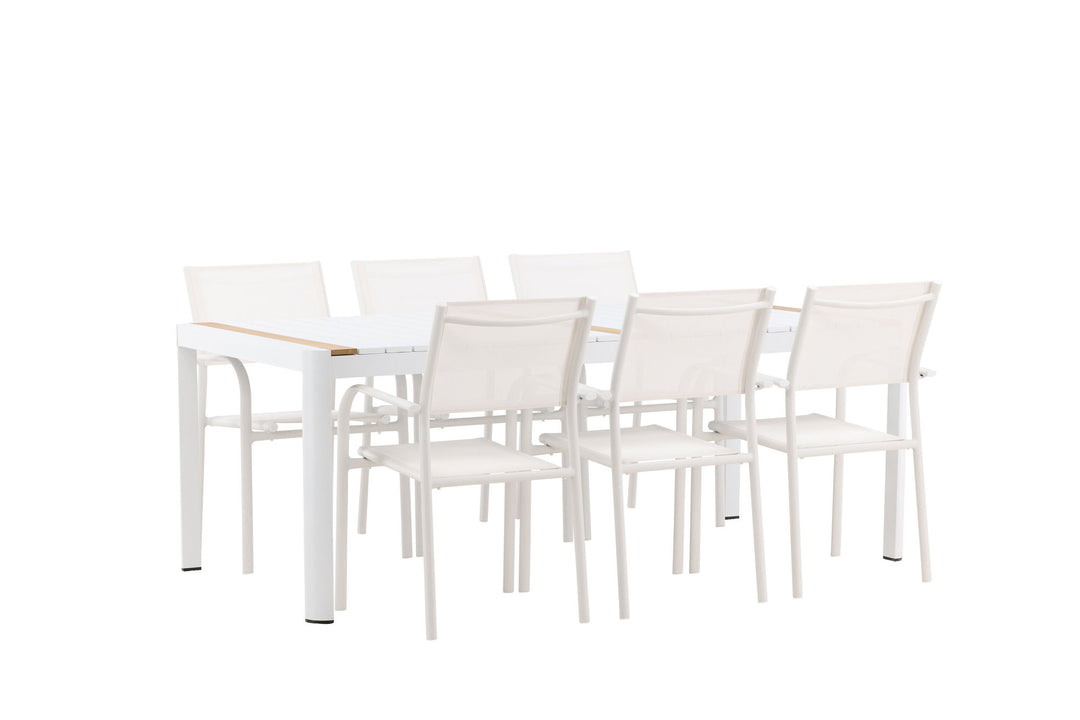 Venture Home Togo - Dining Table- White / Teak - Allu / Teak - 200*100 +Santorini Arm Chair (Stackable)  - White Alu / White Textilene _6
