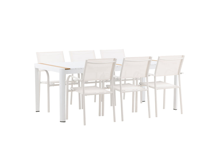 Venture Home Togo - Dining Table- White / Teak - Allu / Teak - 200*100 +Santorini Arm Chair (Stackable)  - White Alu / White Textilene _6