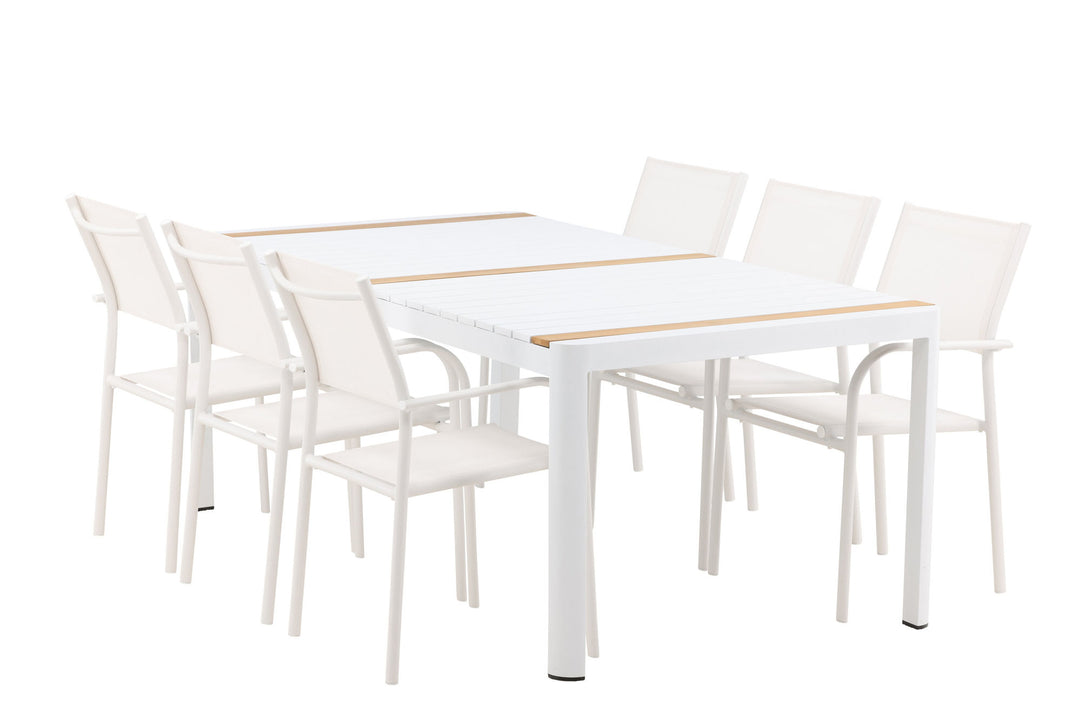 Venture Home Togo - Dining Table- White / Teak - Allu / Teak - 200*100 +Santorini Arm Chair (Stackable)  - White Alu / White Textilene _6