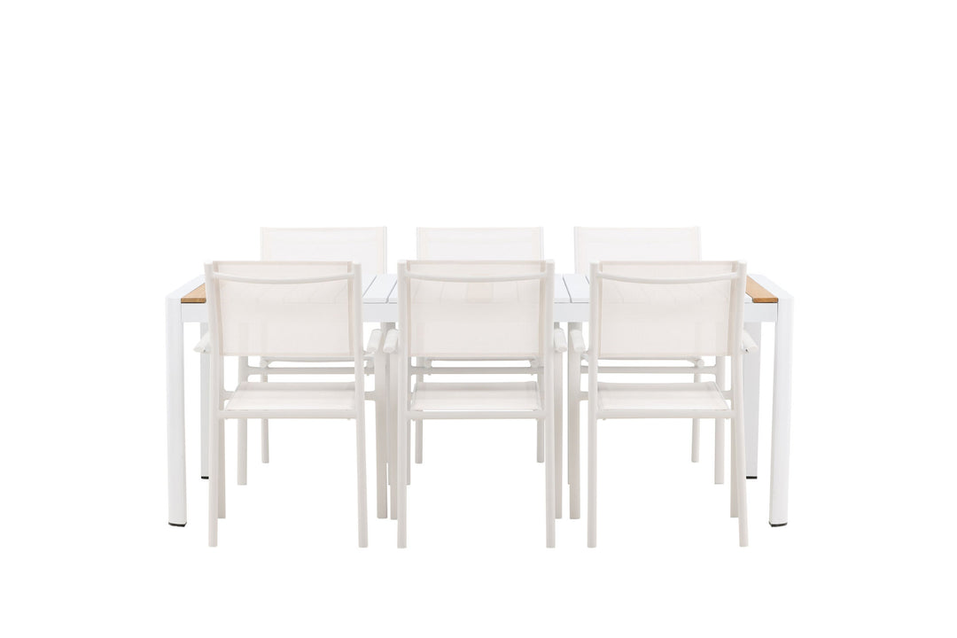 Venture Home Togo - Dining Table- White / Teak - Allu / Teak - 200*100 +Santorini Arm Chair (Stackable)  - White Alu / White Textilene _6