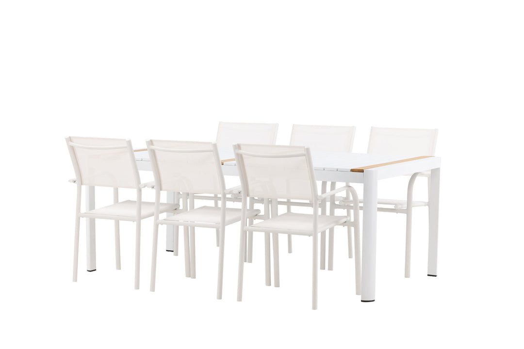 Venture Home Togo - Dining Table- White / Teak - Allu / Teak - 200*100 +Santorini Arm Chair (Stackable)  - White Alu / White Textilene _6