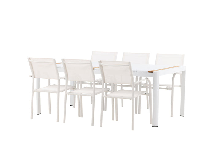 Venture Home Togo - Dining Table- White / Teak - Allu / Teak - 200*100 +Santorini Arm Chair (Stackable)  - White Alu / White Textilene _6