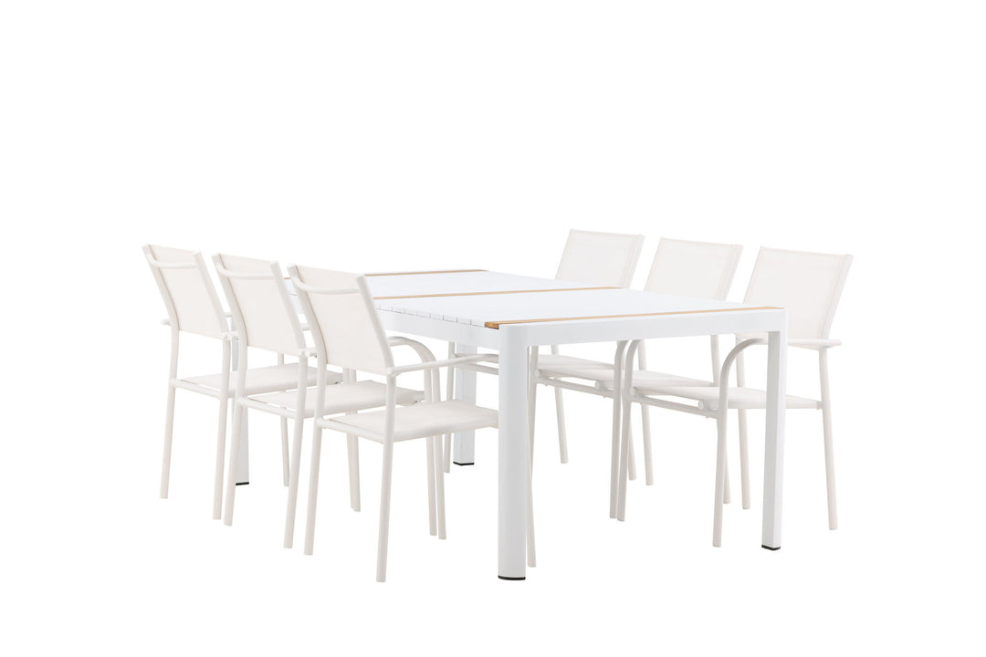 Venture Home Togo - Dining Table- White / Teak - Allu / Teak - 200*100 +Santorini Arm Chair (Stackable)  - White Alu / White Textilene _6