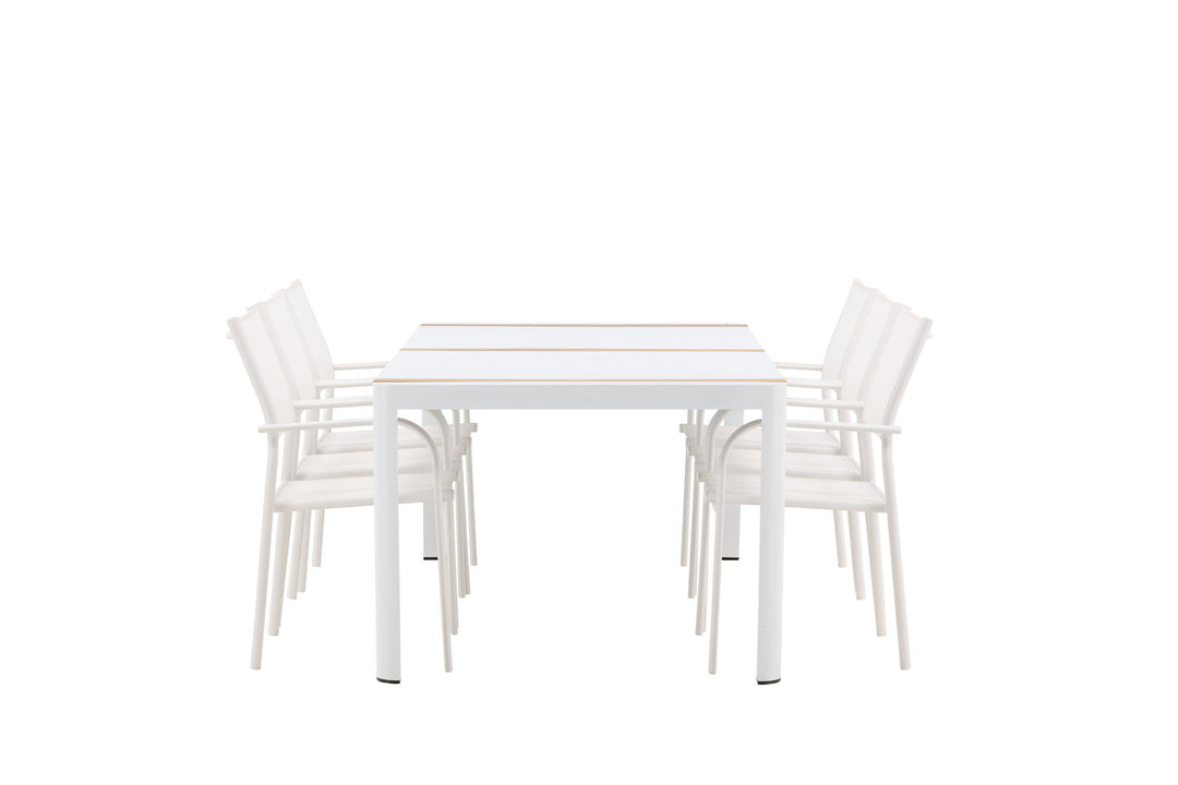 Venture Home Togo - Dining Table- White / Teak - Allu / Teak - 200*100 +Santorini Arm Chair (Stackable)  - White Alu / White Textilene _6
