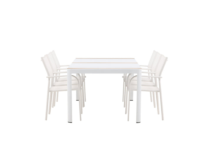 Venture Home Togo - Dining Table- White / Teak - Allu / Teak - 200*100 +Santorini Arm Chair (Stackable)  - White Alu / White Textilene _6