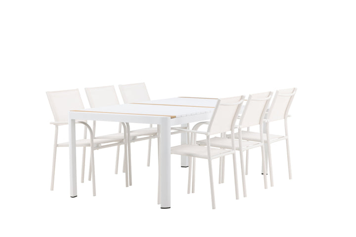 Venture Home Togo - Dining Table- White / Teak - Allu / Teak - 200*100 +Santorini Arm Chair (Stackable)  - White Alu / White Textilene _6