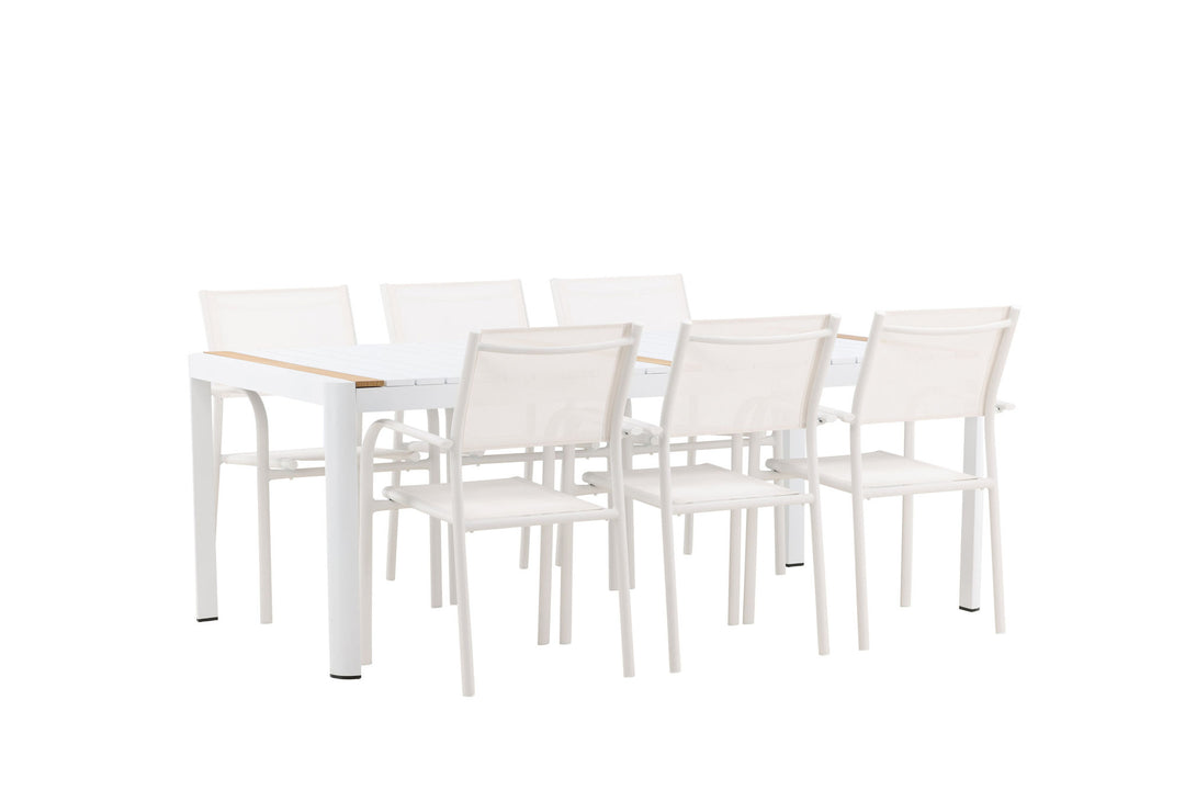 Venture Home Togo - Dining Table- White / Teak - Allu / Teak - 200*100 +Santorini Arm Chair (Stackable)  - White Alu / White Textilene _6