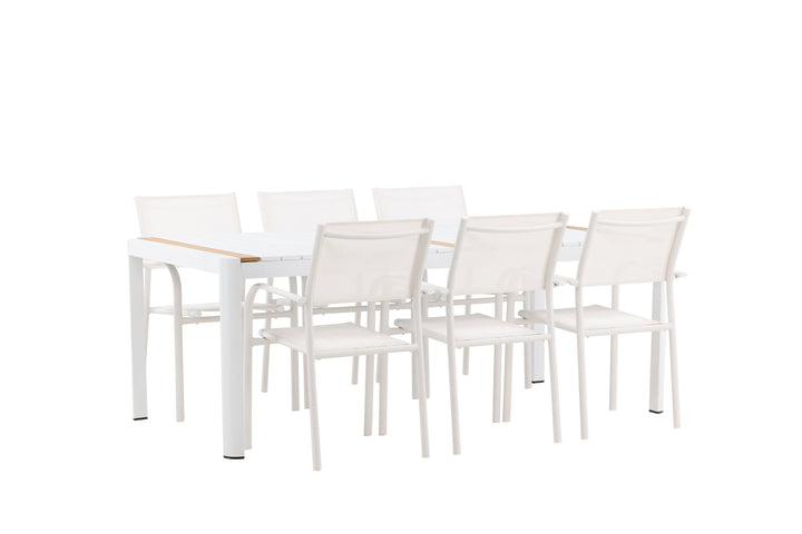 Venture Home Togo - Dining Table- White / Teak - Allu / Teak - 200*100 +Santorini Arm Chair (Stackable)  - White Alu / White Textilene _6