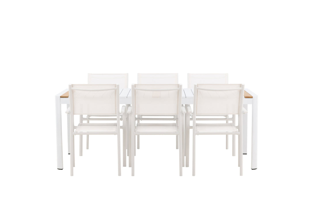 Venture Home Togo - Dining Table- White / Teak - Allu / Teak - 200*100 +Santorini Arm Chair (Stackable)  - White Alu / White Textilene _6