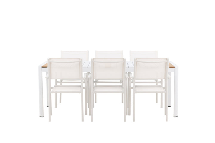Venture Home Togo - Dining Table- White / Teak - Allu / Teak - 200*100 +Santorini Arm Chair (Stackable)  - White Alu / White Textilene _6
