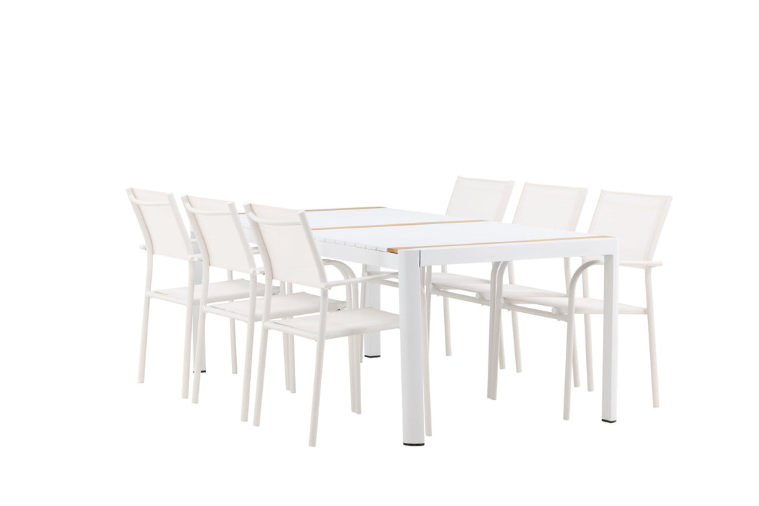 Venture Home Togo - Dining Table- White / Teak - Allu / Teak - 200*100 +Santorini Arm Chair (Stackable)  - White Alu / White Textilene _6