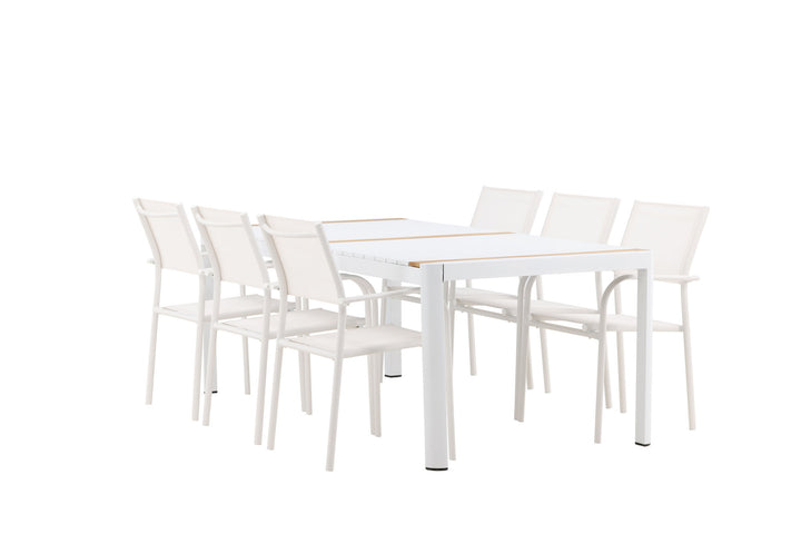 Venture Home Togo - Dining Table- White / Teak - Allu / Teak - 200*100 +Santorini Arm Chair (Stackable)  - White Alu / White Textilene _6