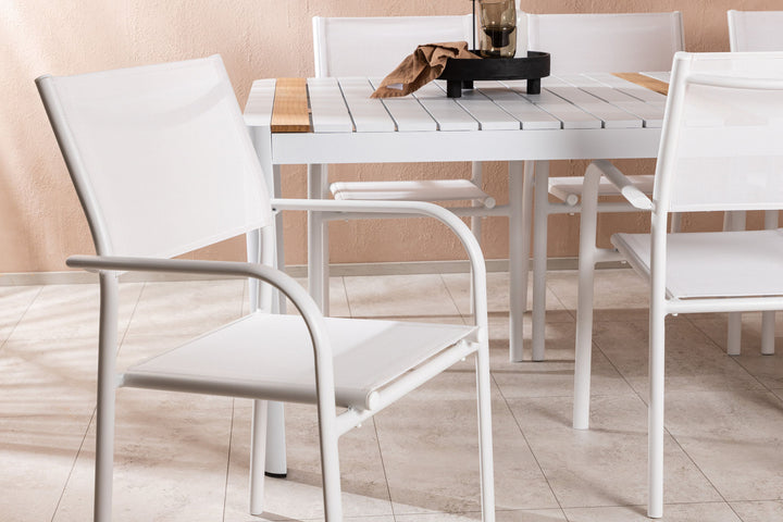 Venture Home Togo - Dining Table- White / Teak - Allu / Teak - 200*100 +Santorini Arm Chair (Stackable)  - White Alu / White Textilene _6