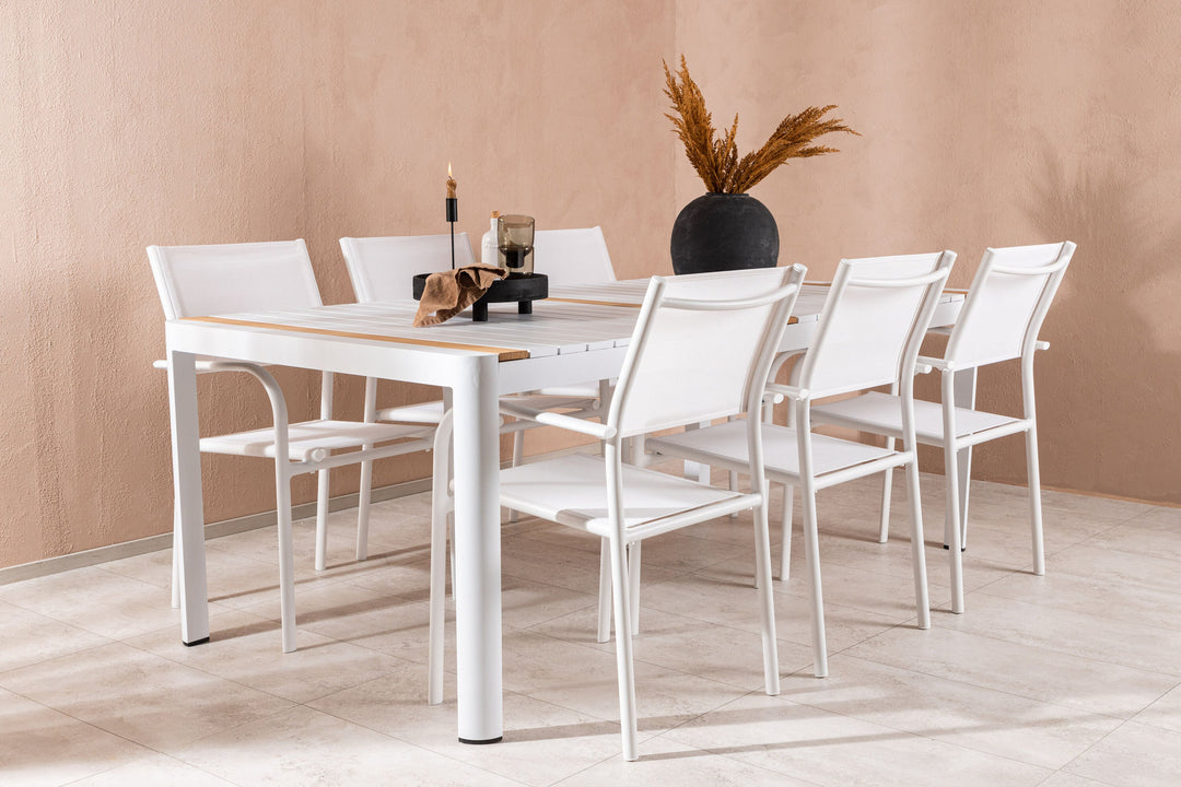 Venture Home Togo - Dining Table- White / Teak - Allu / Teak - 200*100 +Santorini Arm Chair (Stackable)  - White Alu / White Textilene _6
