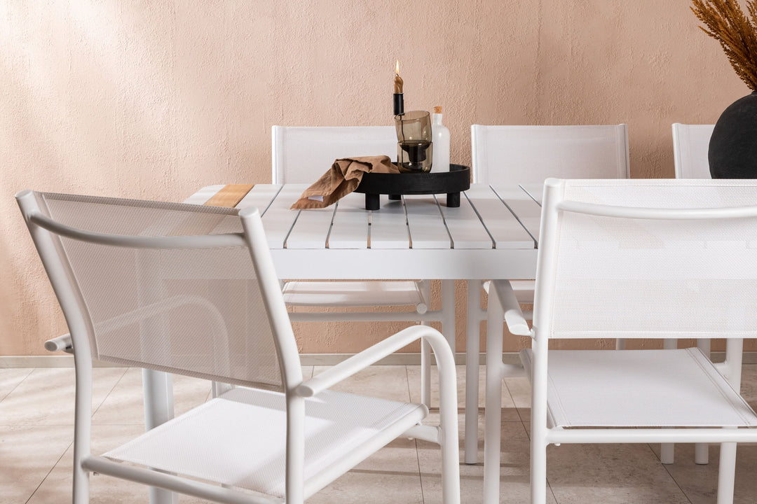 Venture Home Togo - Dining Table- White / Teak - Allu / Teak - 200*100 +Santorini Arm Chair (Stackable)  - White Alu / White Textilene _6