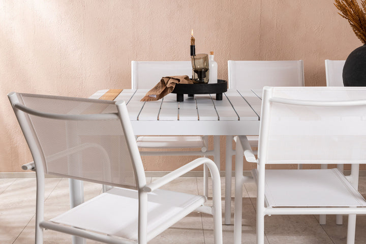 Venture Home Togo - Dining Table- White / Teak - Allu / Teak - 200*100 +Santorini Arm Chair (Stackable)  - White Alu / White Textilene _6