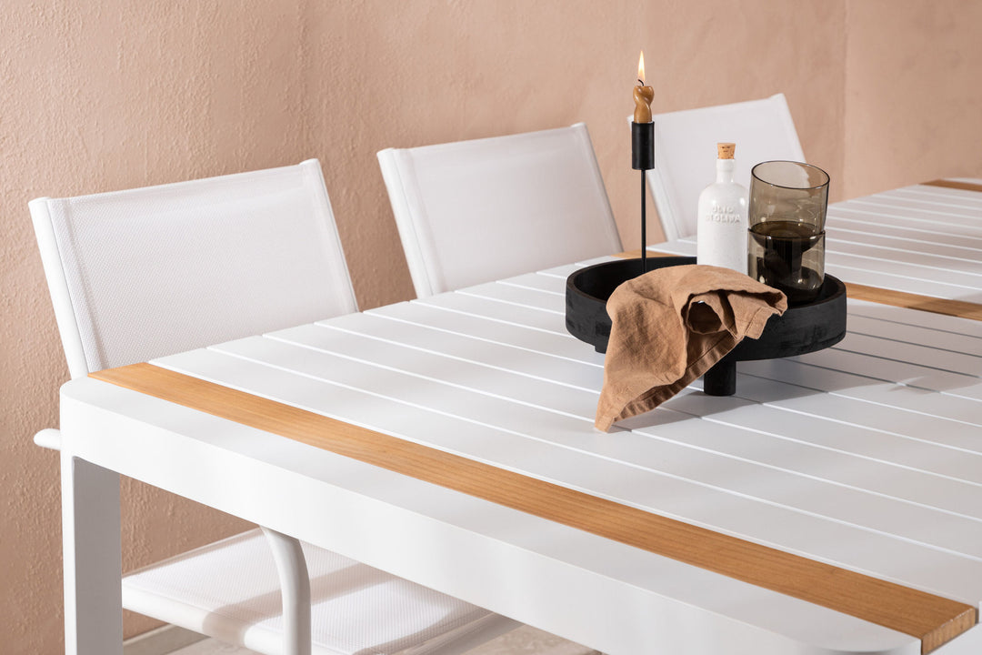 Venture Home Togo - Dining Table- White / Teak - Allu / Teak - 200*100 +Santorini Arm Chair (Stackable)  - White Alu / White Textilene _6