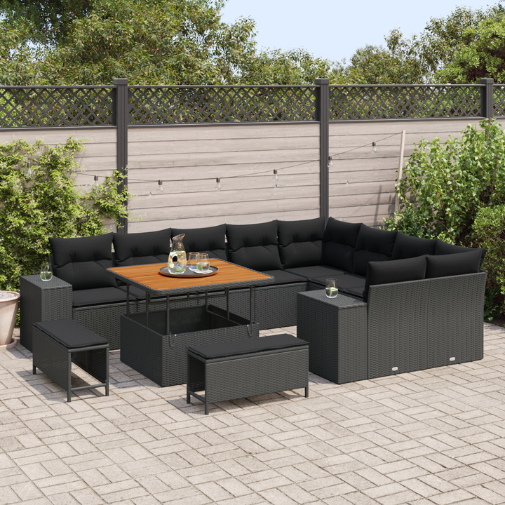 Havesofa Sæt 12 pcs Sort Polyrattan, stål og massivt akacietræ