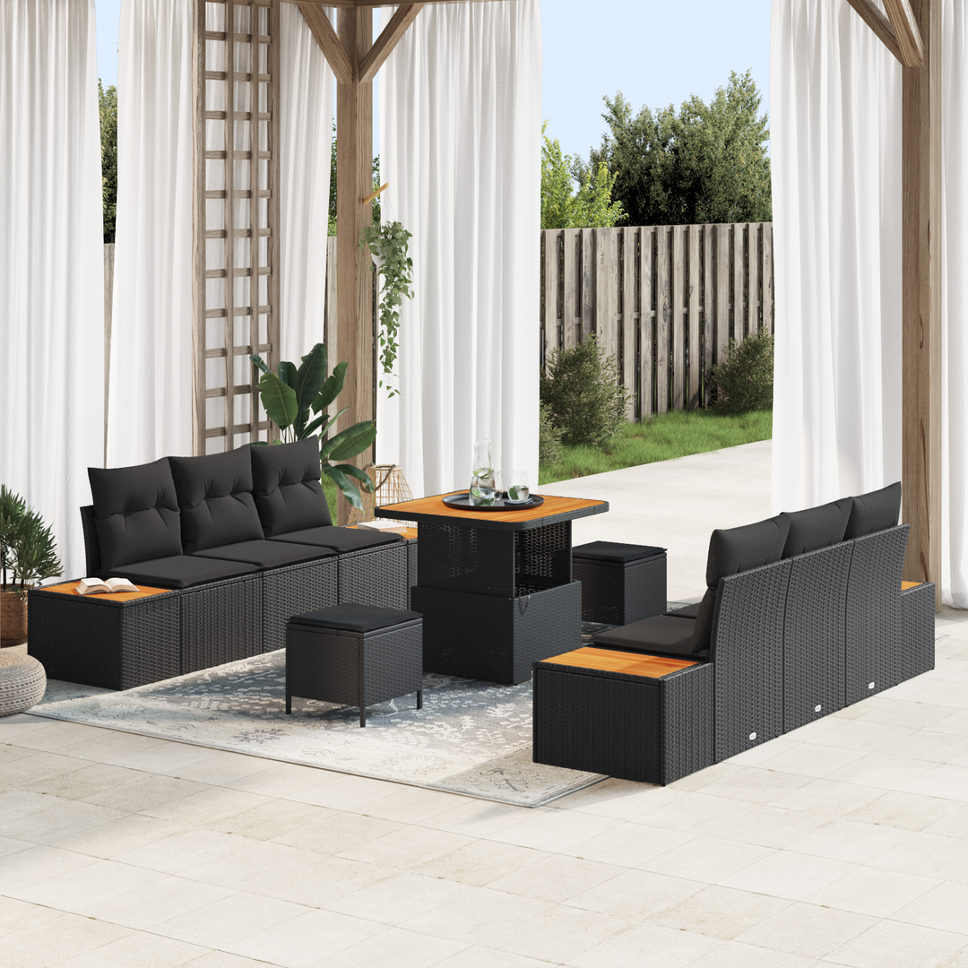 Havesofa Sæt med pude med opbevaring 9 pcs Sort Poly rattan