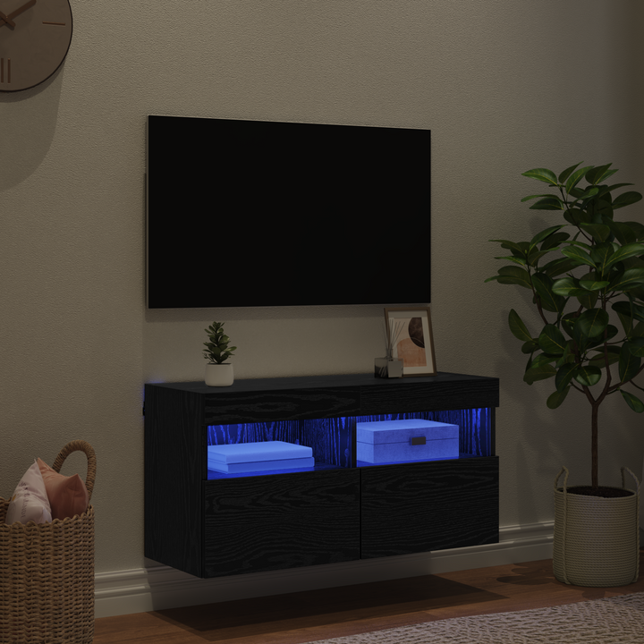 TV vægskab med LED Sort eg 80 x 30 x 40 cm Konstrueret træ