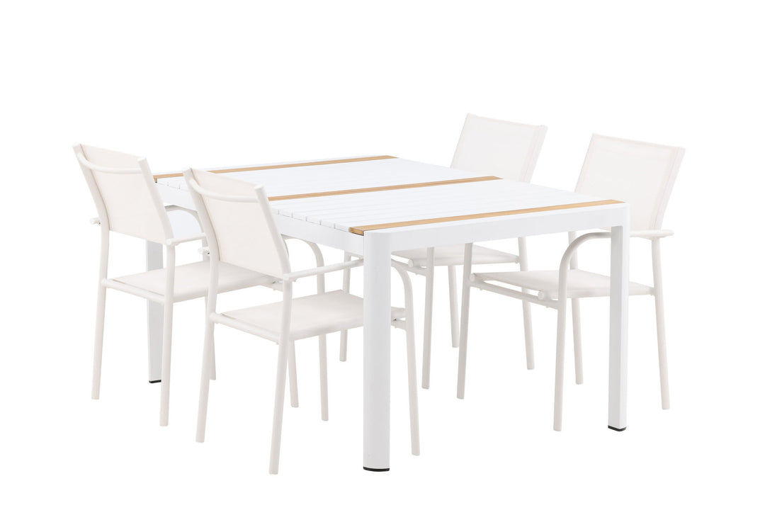 Venture Home Togo - Dining Table- White / Teak - Allu / Teak - 150*100 +Santorini Arm Chair (Stackable)  - White Alu / White Textilene _4
