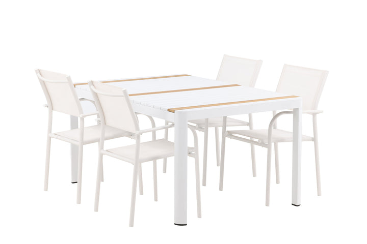 Venture Home Togo - Dining Table- White / Teak - Allu / Teak - 150*100 +Santorini Arm Chair (Stackable)  - White Alu / White Textilene _4