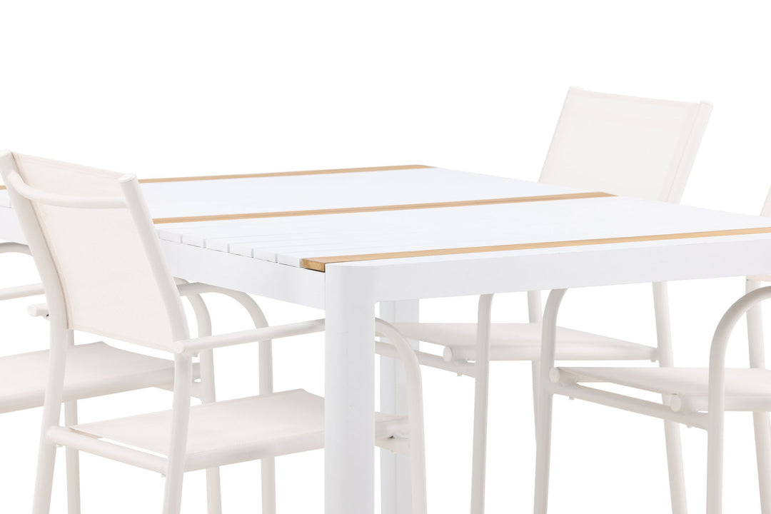 Venture Home Togo - Dining Table- White / Teak - Allu / Teak - 150*100 +Santorini Arm Chair (Stackable)  - White Alu / White Textilene _4