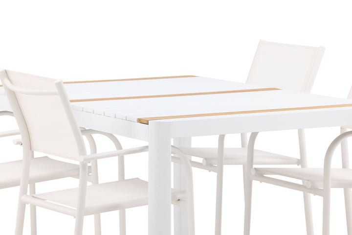 Venture Home Togo - Dining Table- White / Teak - Allu / Teak - 150*100 +Santorini Arm Chair (Stackable)  - White Alu / White Textilene _4
