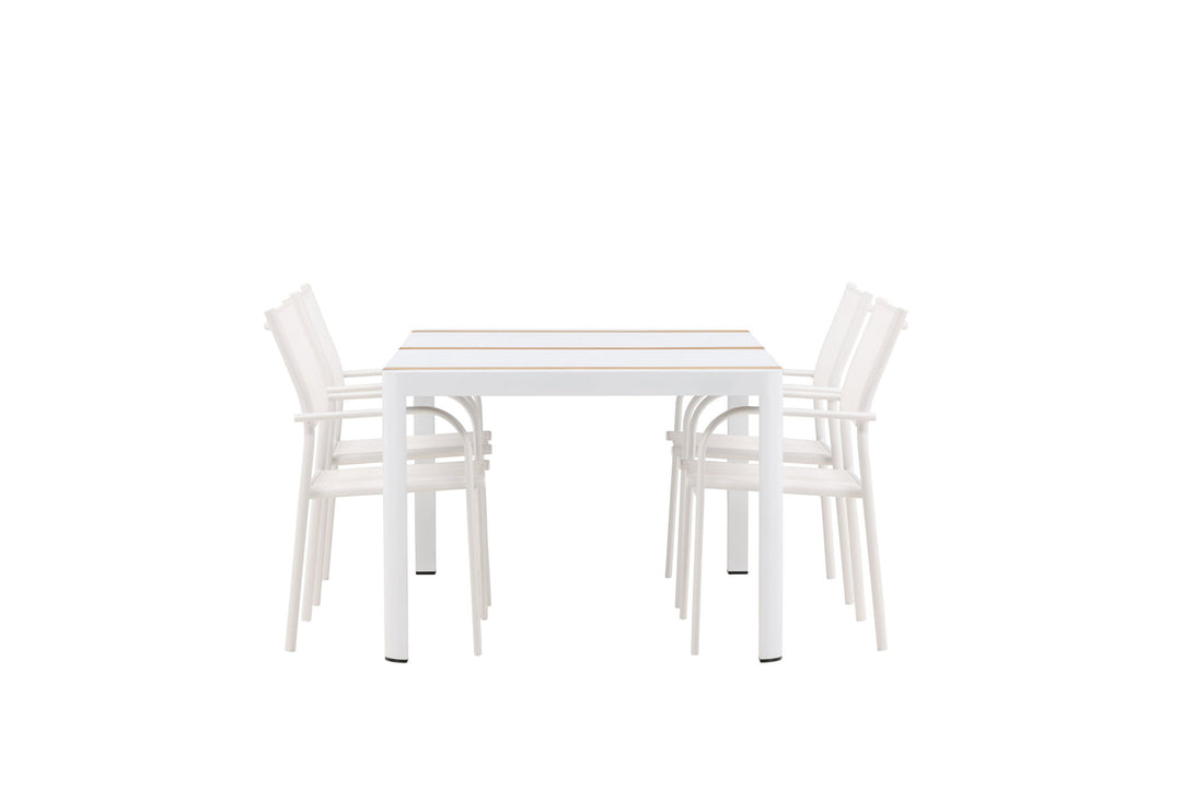 Venture Home Togo - Dining Table- White / Teak - Allu / Teak - 150*100 +Santorini Arm Chair (Stackable)  - White Alu / White Textilene _4