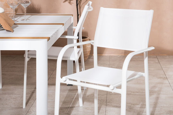 Venture Home Togo - Dining Table- White / Teak - Allu / Teak - 150*100 +Santorini Arm Chair (Stackable)  - White Alu / White Textilene _4