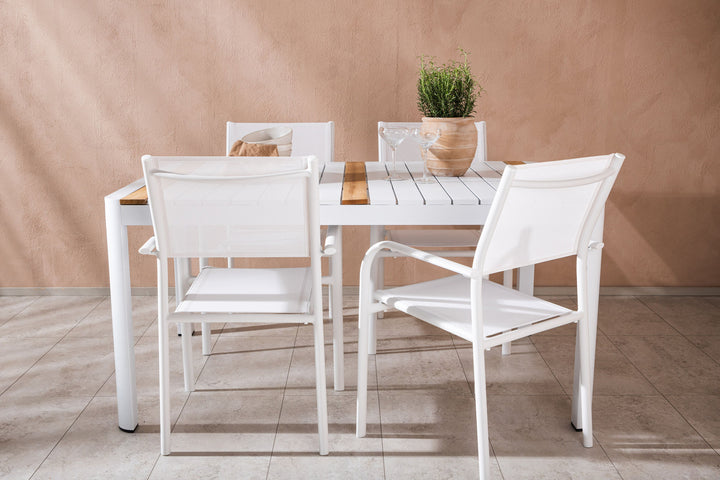 Venture Home Togo - Dining Table- White / Teak - Allu / Teak - 150*100 +Santorini Arm Chair (Stackable)  - White Alu / White Textilene _4